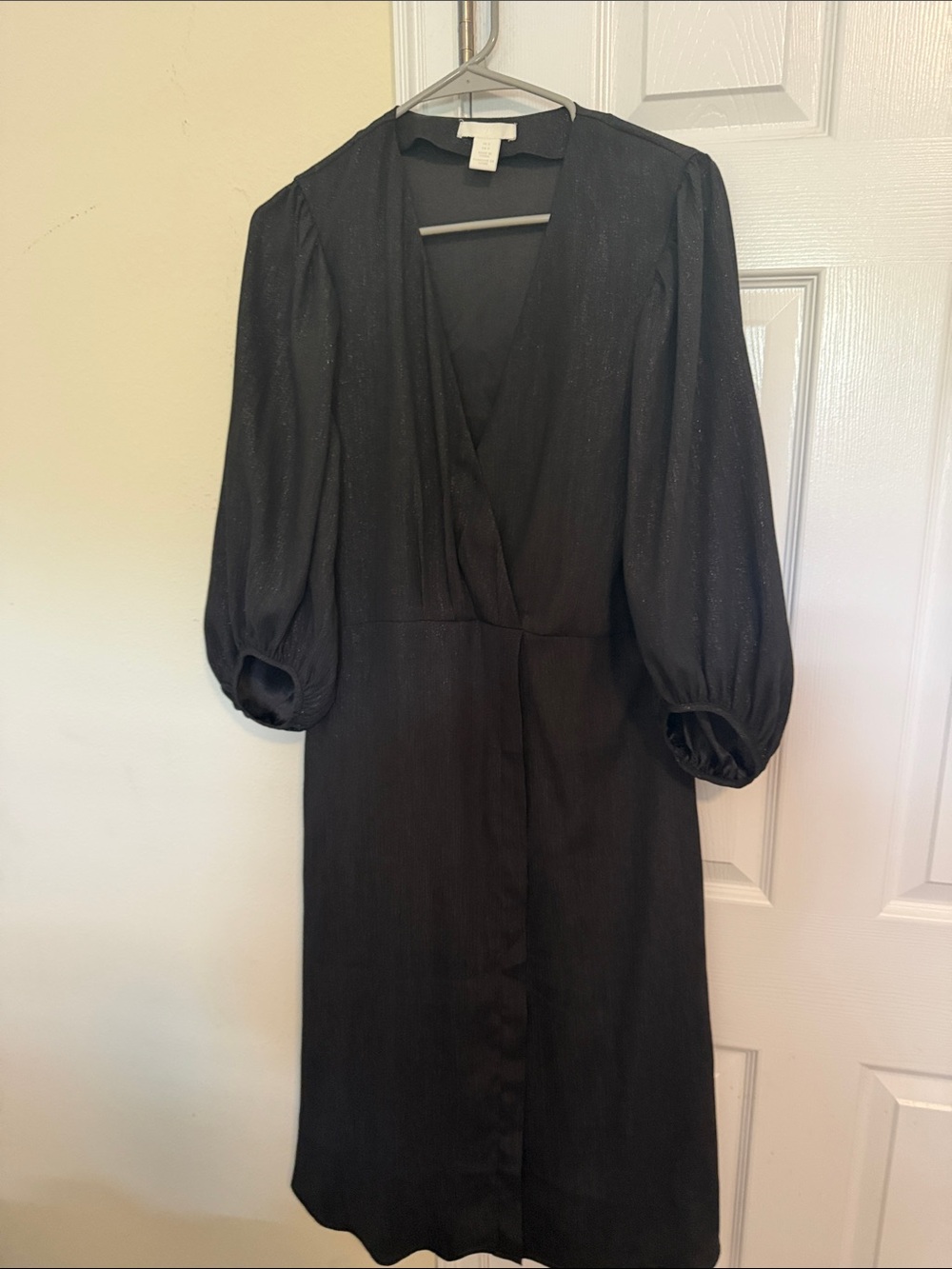 H&M Black V-Neck Midi Dress with Puff Sleeves